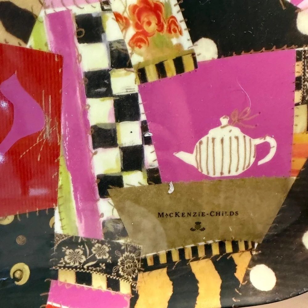 MacKenzie-Childs Large Crazy Quilt Tray Courtly Check‎ Floral Teapot Whimsical